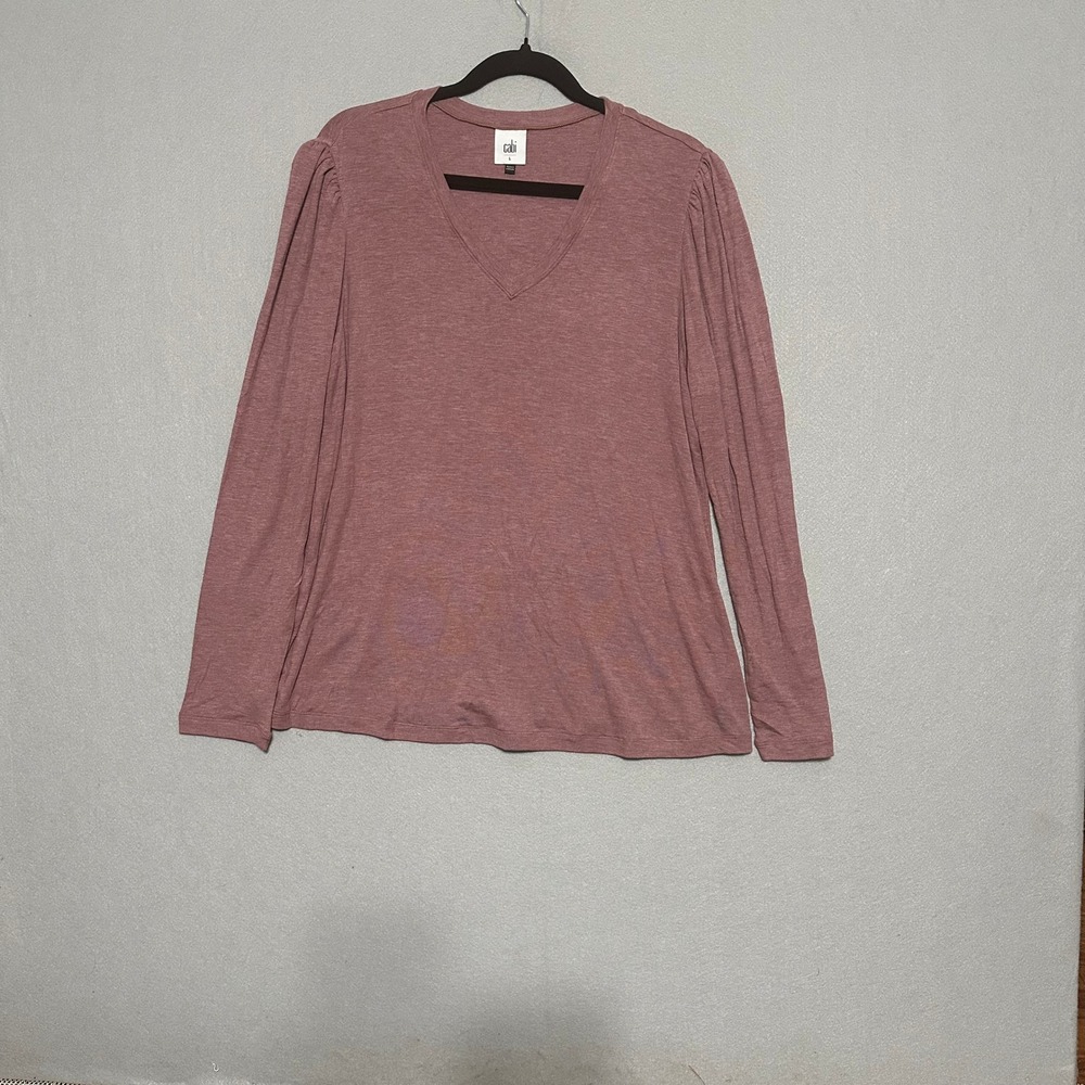 Cabi 4439 Women Mauve Pink V-Neck Puff Shoulder‎ Long Sleeve Knit Top Large